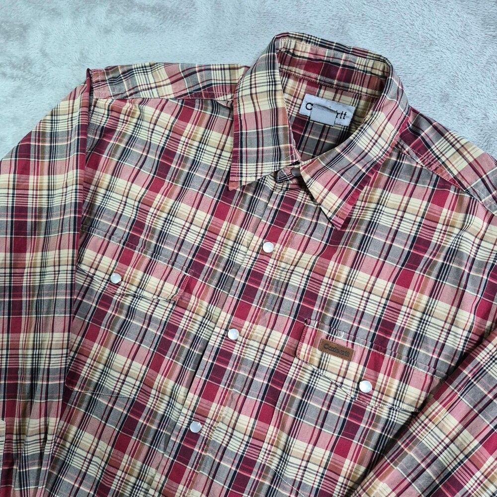 Carhartt Shirt Mens Medium Red Plaid Long Sleeve Pearl Snap Front Western Cotton